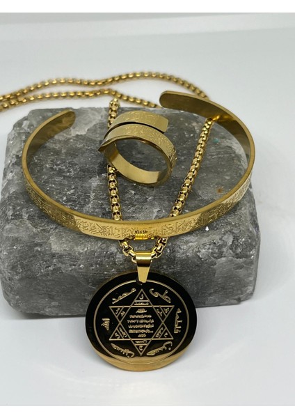 Çelik Hz Süleyman Mührü 7 Büyük Melek Dock Zincirli Kolye ,ayetel Kürsi Dualı Bileklik ve Yüzük Set