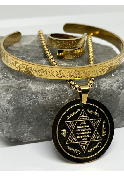 Çelik Hz Süleyman Mührü 7 Büyük Melek Dock Zincirli Kolye ,ayetel Kürsi Dualı Bileklik ve Yüzük Set modelleri