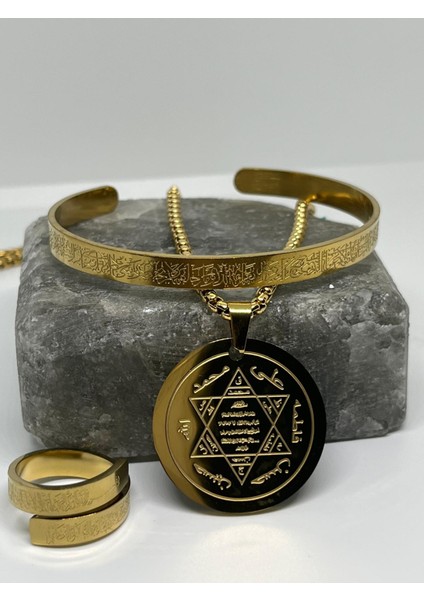 Çelik Hz Süleyman Mührü 7 Büyük Melek Dock Zincirli Kolye ,ayetel Kürsi Dualı Bileklik ve Yüzük Set fırsatları