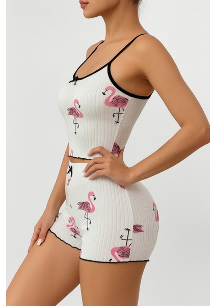 Lily Bicnca Kadın Beyaz Ip Askılı Pembe Flemingolu Mini Shortlu Takım