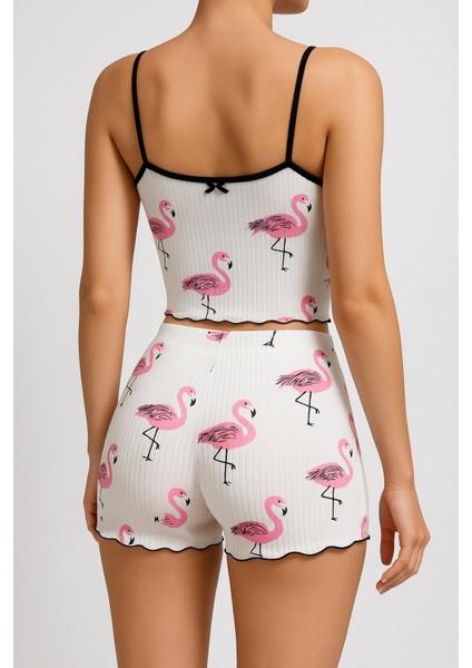 Lily Bicnca Kadın Beyaz Ip Askılı Pembe Flemingolu Mini Shortlu Takım fiyatları