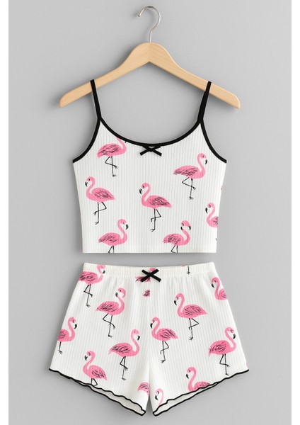 Lily Bicnca Kadın Beyaz Ip Askılı Pembe Flemingolu Mini Shortlu Takım modelleri