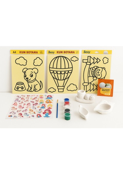 🎨 3’lü A4 Kum Boyama + 200’LÜ Sticker + Keçe Örgü Seti +Boya & Fırça + Obje Seti