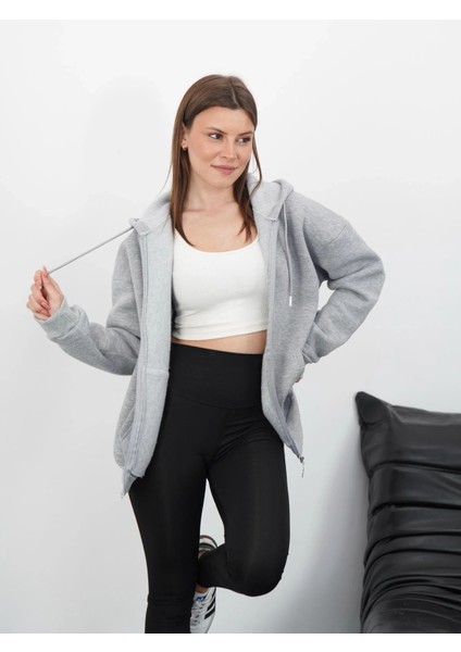 3 Iplik Şardonlu Fermuarlı Kapşonlu Hırka Gri modelleri