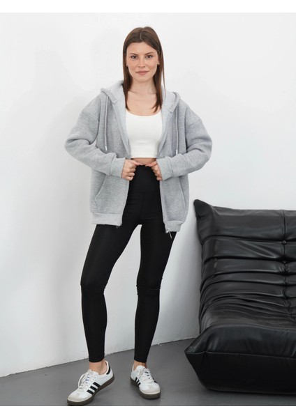 3 Iplik Şardonlu Fermuarlı Kapşonlu Hırka Gri fırsatları