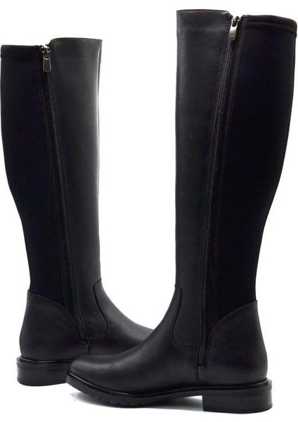 20711K Düz Topuk Streç Detaylı Günlük Deri Kadın Çizme