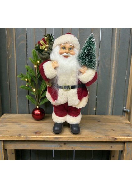 Kırmızı Noel Baba Figürü-Hediye Çuvalı ve Çam Ağacı Detaylı 27 cm