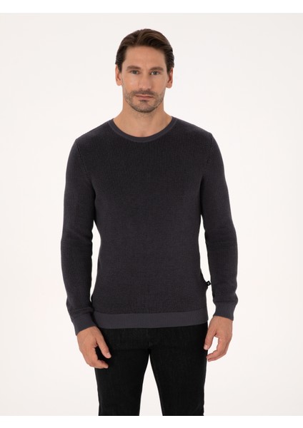 Erkek Antrasit Slim Fit Pamuk Karışımlı Bisiklet Yaka Triko Kazak 50318983-VR006