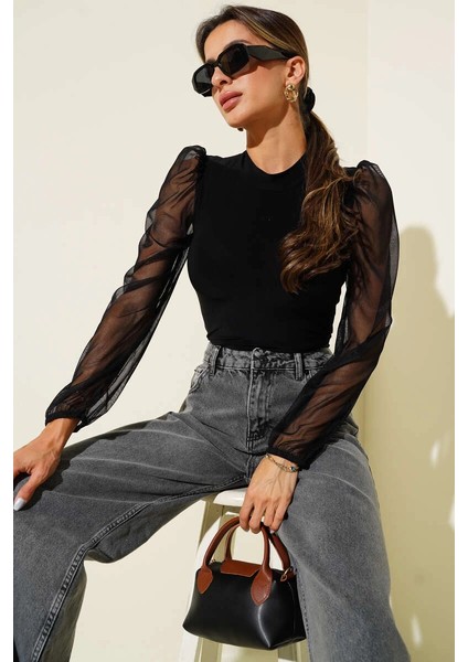 Dik Yaka Tül Kollu Bluz Siyah T3066 fırsatları