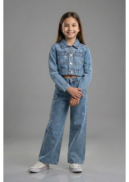 Fiyonk Nakışlı Taşlı Pamuklu Crop Kot Ceket fiyatları