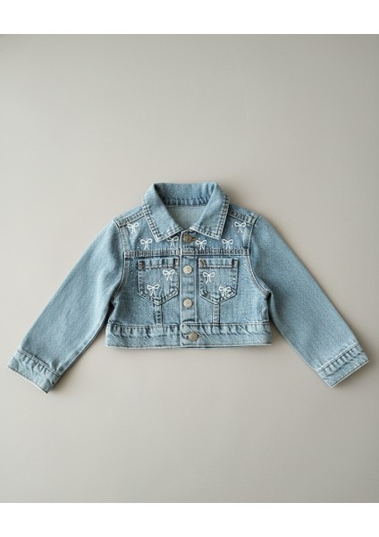 Fiyonk Nakışlı Taşlı Pamuklu Crop Kot Ceket modelleri