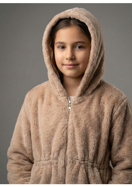 Kız Çocuk Beli Lastikli Kapüşonlu Astarlı Peluş Mont