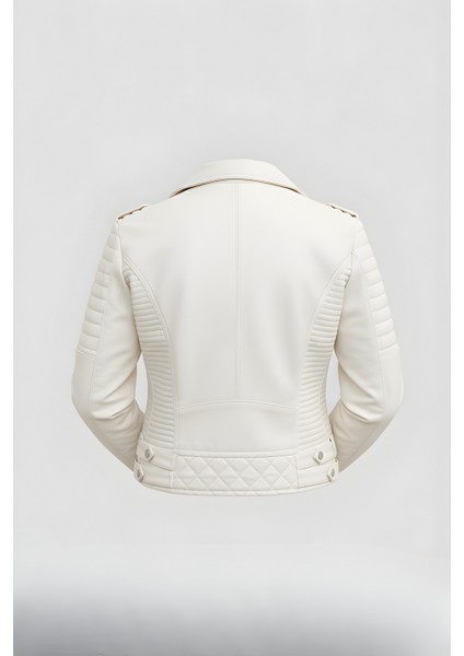 Kadın Suni Deri Ceket-Ekru