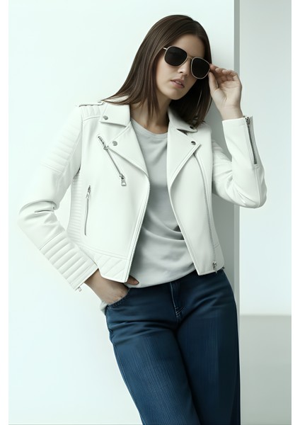 Kadın Suni Deri Ceket-Ekru