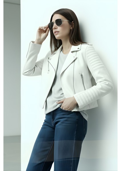 Kadın Suni Deri Ceket-Ekru fırsatları