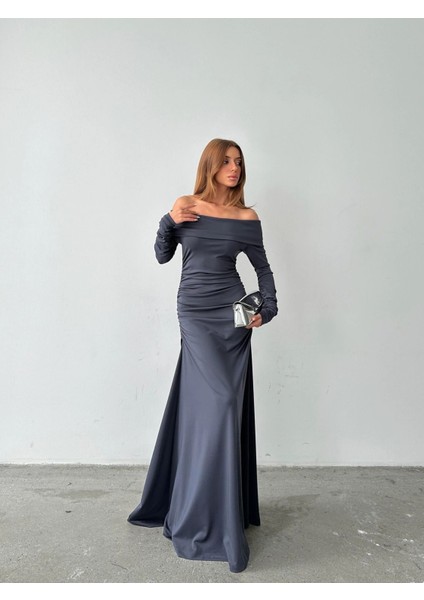 Kadın Füme Madonna Yaka Uzun Balık Etekli Abiye Elbise