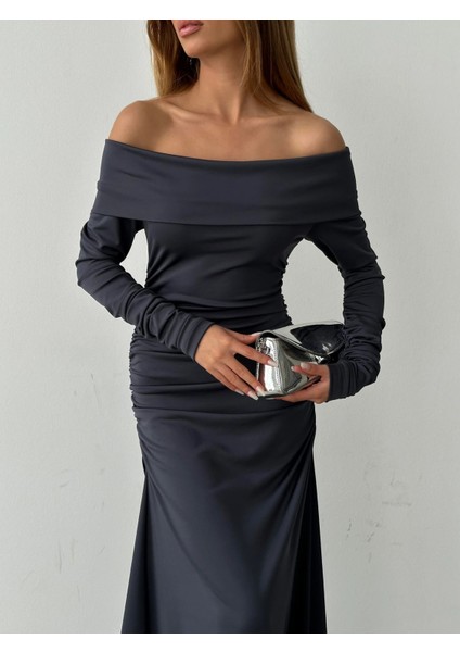 Kadın Füme Madonna Yaka Uzun Balık Etekli Abiye Elbise modelleri