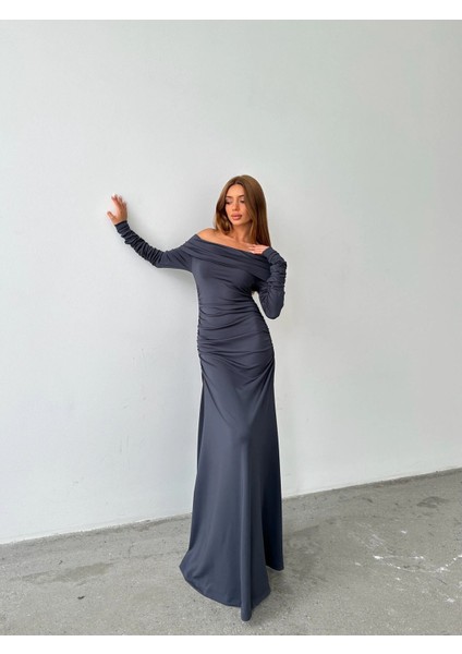 Kadın Füme Madonna Yaka Uzun Balık Etekli Abiye Elbise fırsatları