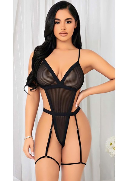 Siyah Ip Detaylı Tül Fantezi Body