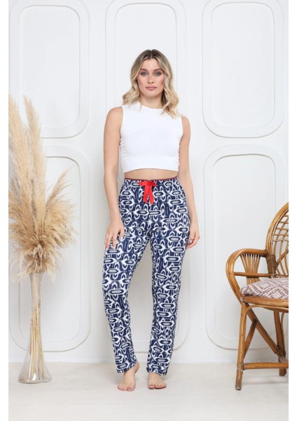 Viskon Likralı Alt Pijama Süzgülü Lacivert Baskı Desenli Q6018