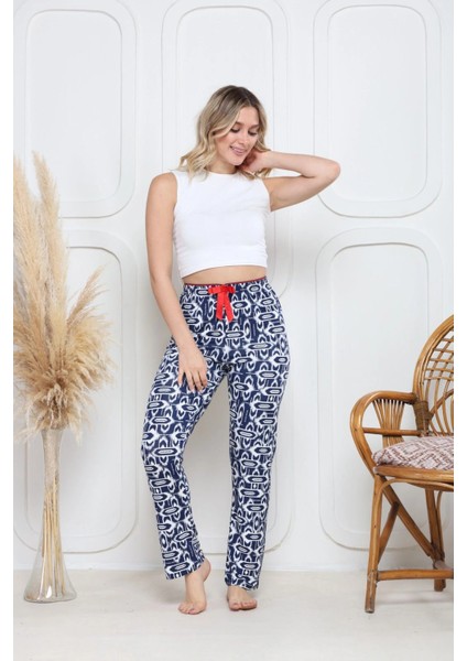 Viskon Likralı Alt Pijama Süzgülü Lacivert Baskı Desenli Q6018 modelleri