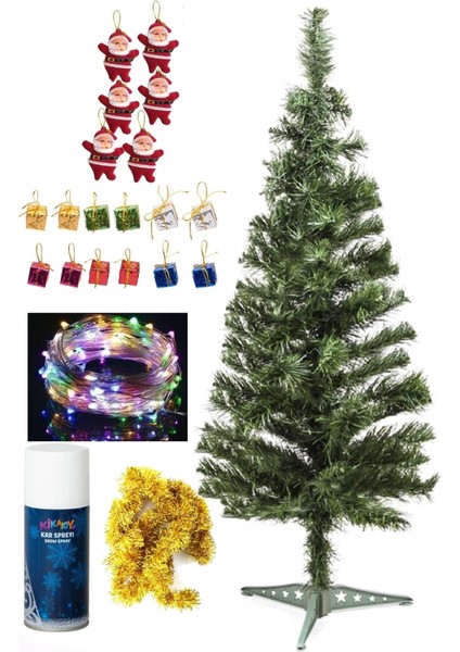 120 cm Yılbaşı Çam Ağacı Seti, LED Işık, Süsler ve Kar Spreyi Paketi