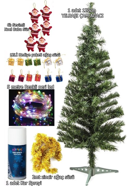 120 cm Yılbaşı Çam Ağacı Seti, LED Işık, Süsler ve Kar Spreyi Paketi fiyatları