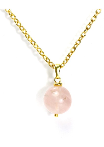 Pembe Kuvars Doğal Taş Kolye Ucu | 12 mm Gerçek Altın Kaplama, Sevginin Taşı