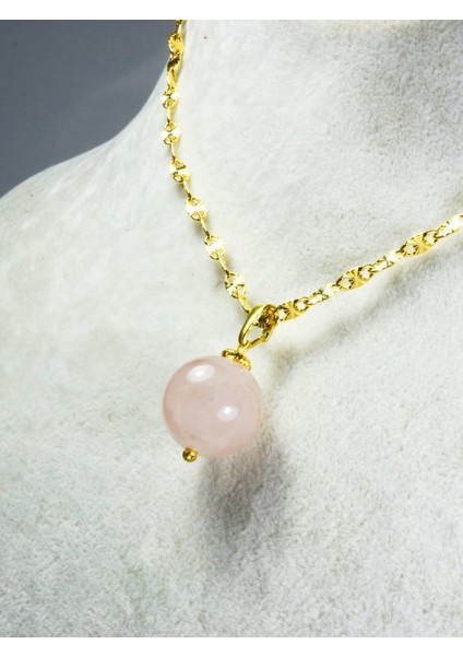 Pembe Kuvars Doğal Taş Kolye Ucu | 12 mm Gerçek Altın Kaplama, Sevginin Taşı modelleri