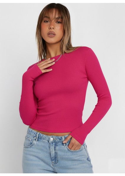 Bisiklet Yaka Uzun Kollu Fitilli Crop Bluz