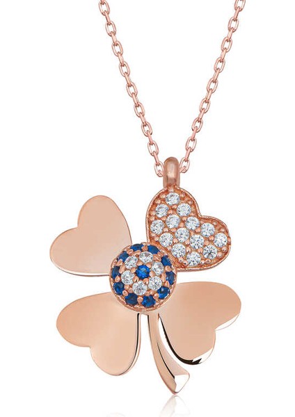 925 Ayar Gümüş Rose Nazarlı Dört Yapraklı Yonca Kadın Gümüş Kolye T7017 (972972)