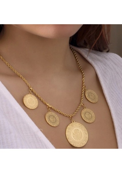 Bujiteri Takı Altın Görünümlü Beşi Bir Yerde Kolye (Halat Zincirli)