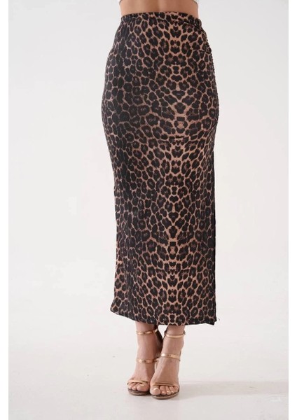 Uzun Yırtmaçlı Ince Kumaş Etek Leopar