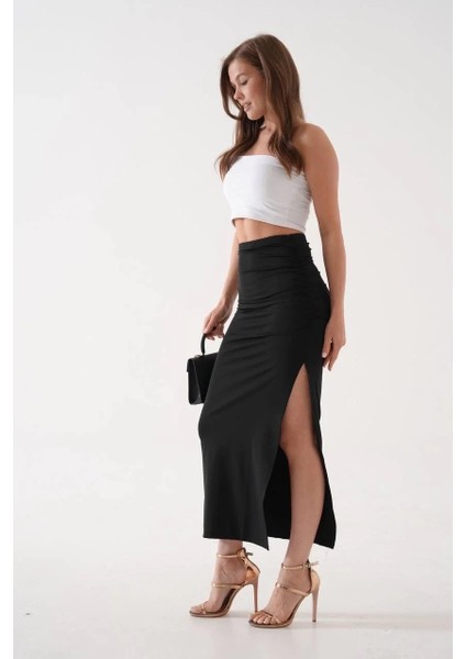 Uzun Yırtmaçlı Ince Kumaş Etek Siyah
