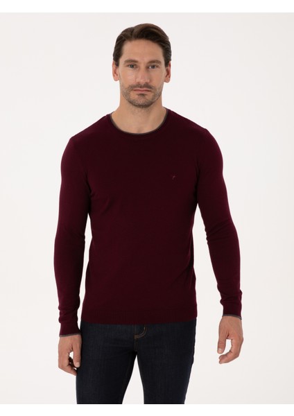 Erkek Bordo Slim Fit Pamuk Karışımlı Bisiklet Yaka Triko Kazak 50318676-VR014