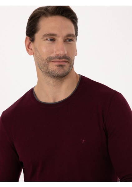 Erkek Bordo Slim Fit Pamuk Karışımlı Bisiklet Yaka Triko Kazak 50318676-VR014 fiyatları