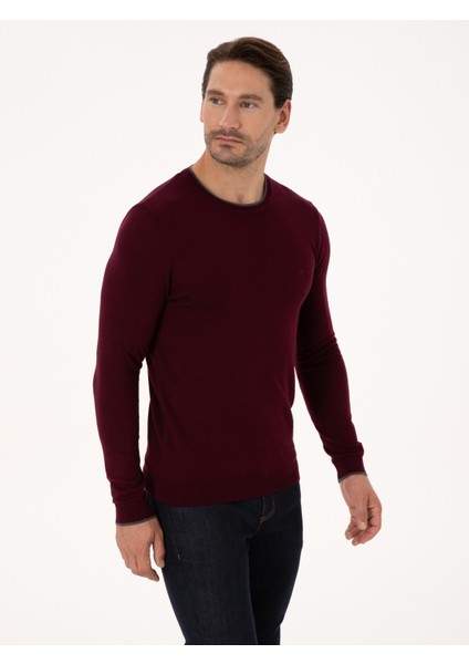 Erkek Bordo Slim Fit Pamuk Karışımlı Bisiklet Yaka Triko Kazak 50318676-VR014 modelleri