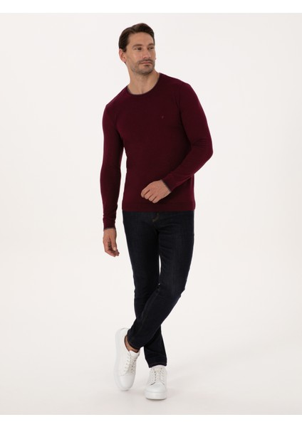 Erkek Bordo Slim Fit Pamuk Karışımlı Bisiklet Yaka Triko Kazak 50318676-VR014 fırsatları