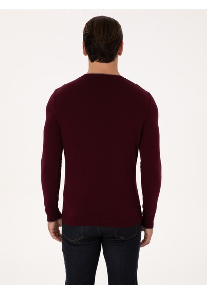 Erkek Bordo Slim Fit Pamuk Karışımlı Bisiklet Yaka Triko Kazak 50318676-VR014 indirimleri