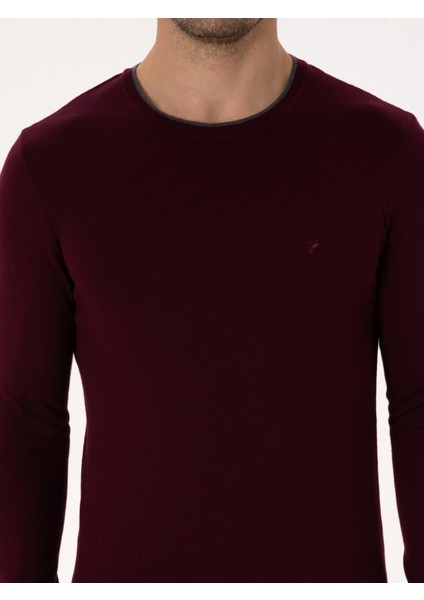 Erkek Bordo Slim Fit Pamuk Karışımlı Bisiklet Yaka Triko Kazak 50318676-VR014