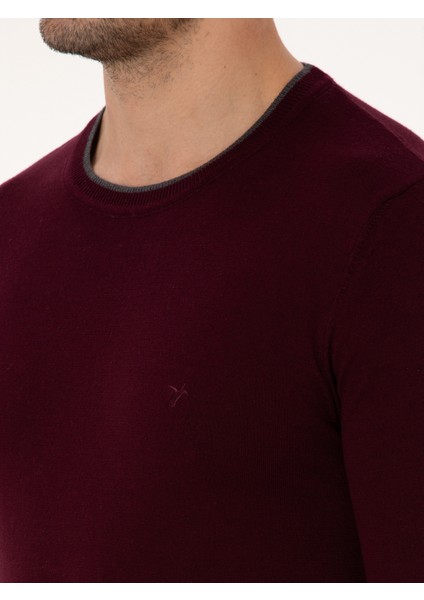 Erkek Bordo Slim Fit Pamuk Karışımlı Bisiklet Yaka Triko Kazak 50318676-VR014