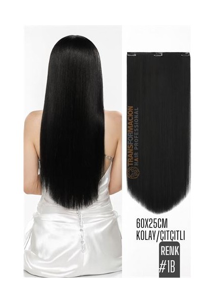 Doğal Görünümlü Düz Siyah Sentetik Kaynak Saç – Renk Kod:#1b Kolay Tak Çıkar Işıltılı Etki!