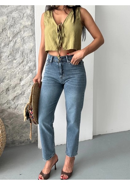 Mom Fit Bıyık Kar Yıkama Jeans Pantolon Koyu Mavi D2006 modelleri