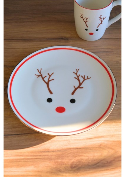 Porselen Ren Geyiği Pasta Tabağı Altın Yaldızlı 20,50CM