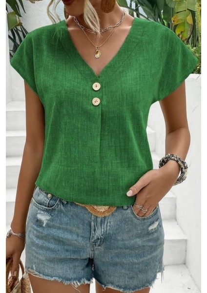 V Yaka Düğmeli Kısa Kollu Keten Bluz - Yeşil