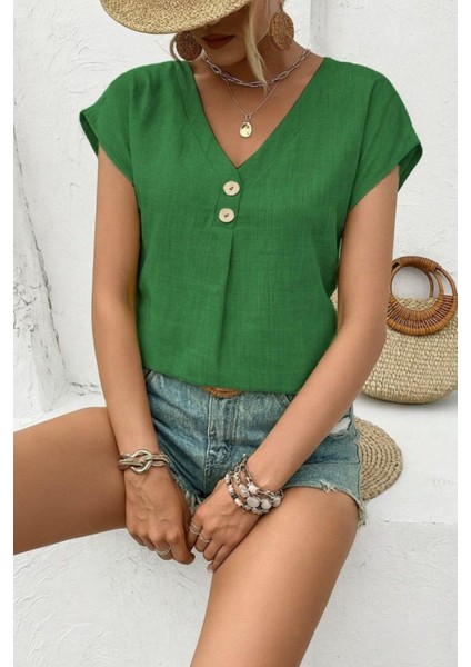V Yaka Düğmeli Kısa Kollu Keten Bluz - Yeşil fiyatları