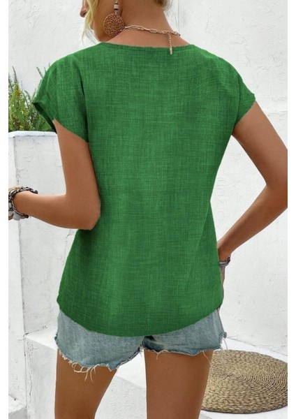 V Yaka Düğmeli Kısa Kollu Keten Bluz - Yeşil modelleri