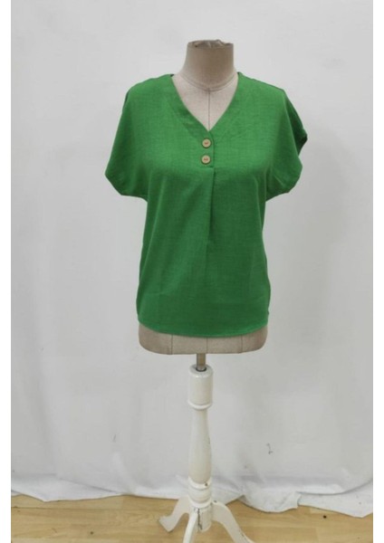 V Yaka Düğmeli Kısa Kollu Keten Bluz - Yeşil fırsatları