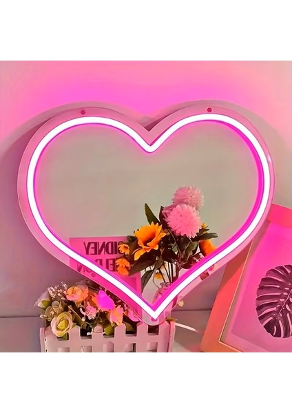 Kalp Desen Pembe Neon Işıklı Dekoratif Ayna