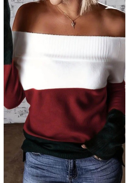Madonna Yaka Blok Desen Triko Bluz Bordo